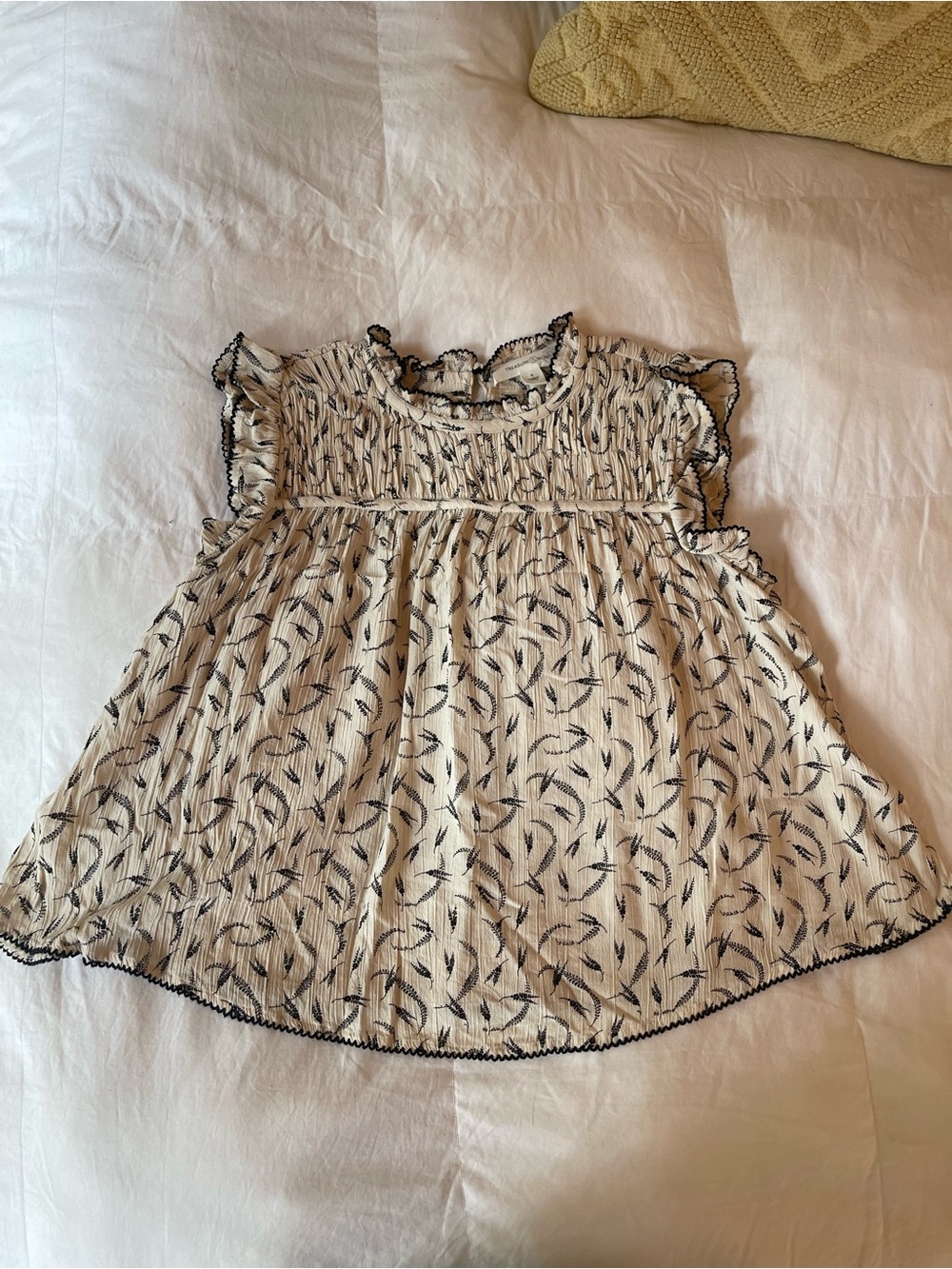 Treasure & Bond Cream Blouse with Black Leaf Motif and Ruffle Trim